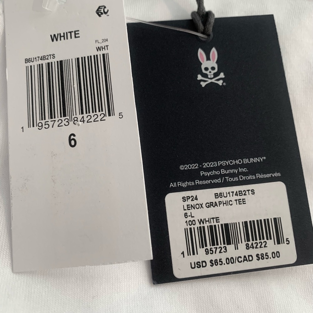 Psycho Bunny NWT Lenox Graphic White Crew Tee Pima Cotton T-Shirt Men's 6 Large - Picture 8 of 9